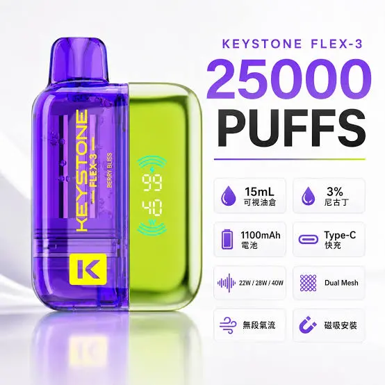 images 買一盒煙彈送主機【KEYSTONE FLEX-3 鑰石】25000口換彈式電子煙套裝|15ml透明油艙 × 三段功率調節|台灣現貨秒發